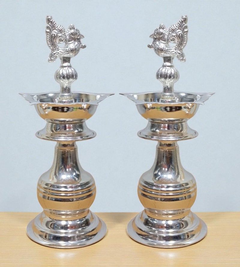 Sigaram German Silver 8x3.5 InchPeacock Handle Diya for Home & Temple Pooja Decore K3135 - Image 1
