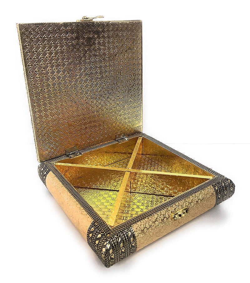 ROXA Decorative Empty Dry Fruit BoxWooden Dry Fruit BoxSweets BoxOxidized Dry Fruit BoxGift BoxMukhwash Box Sopari Box 4 Section Box Golden Rajwadi - Image 2
