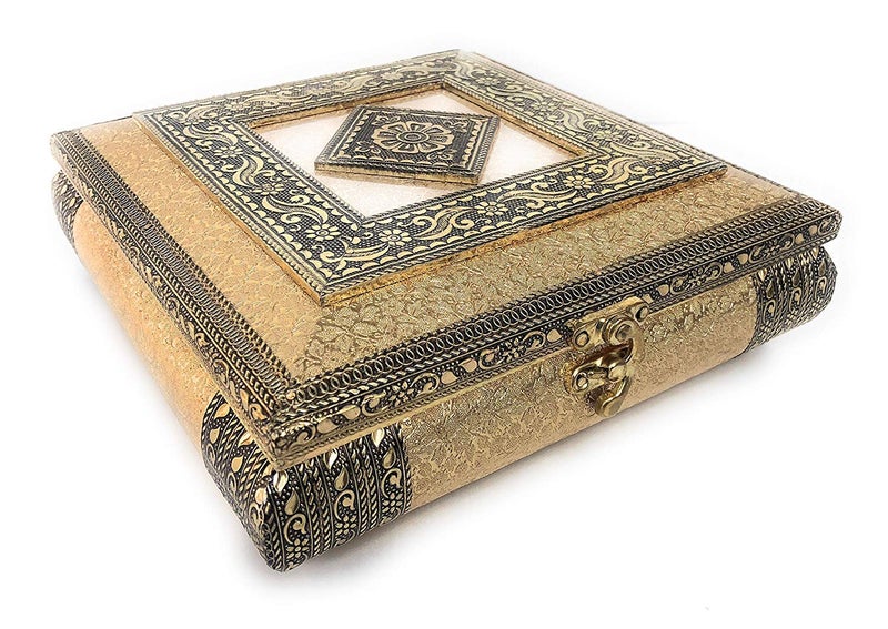 ROXA Decorative Empty Dry Fruit BoxWooden Dry Fruit BoxSweets BoxOxidized Dry Fruit BoxGift BoxMukhwash Box Sopari Box 4 Section Box Golden Rajwadi - Image 1