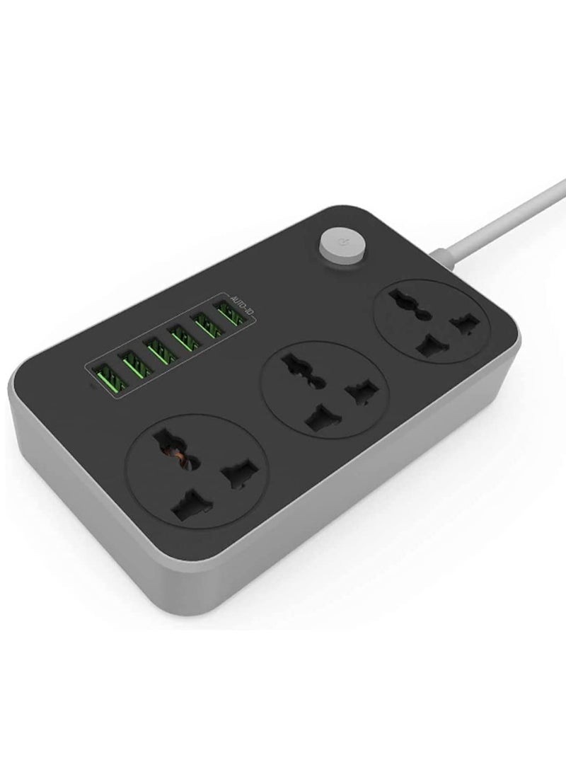 Universal Power Strips 3 Way Outlets 6 USB Plug Ports Surge Protection Power Socket Switch Portable Charger Fast Charging with 2M Wall Plug Adapter Extension Cord with Fuse and Shutter Extension Lead - Image 1