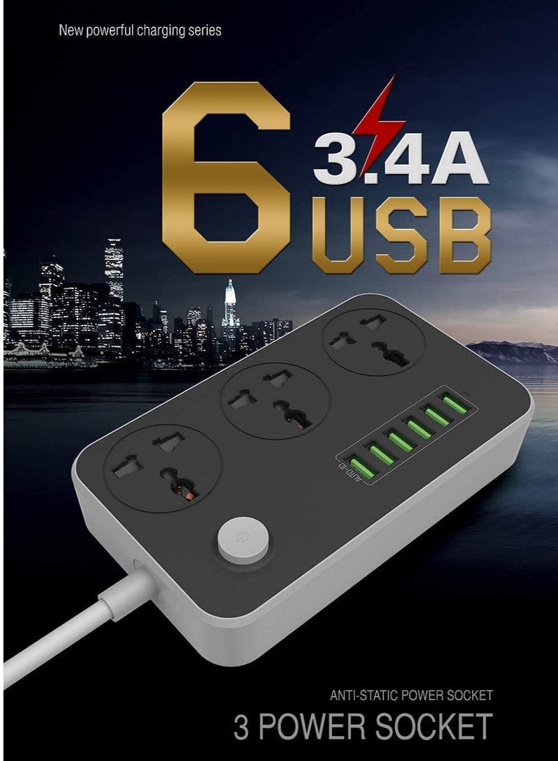 Universal Power Strips 3 Way Outlets 6 USB Plug Ports Surge Protection Power Socket Switch Portable Charger Fast Charging with 2M Wall Plug Adapter Extension Cord with Fuse and Shutter Extension Lead - Image 2