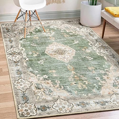 MUJOO Boho Rug 3x5 Area Rug Small Green Rug Vintage Machine Washable Rugs for Entryway Bedroom Bedside Kitchen Hallway Living Room Laundry Room Indoor Mat Non Slip Soft LowPile Floral