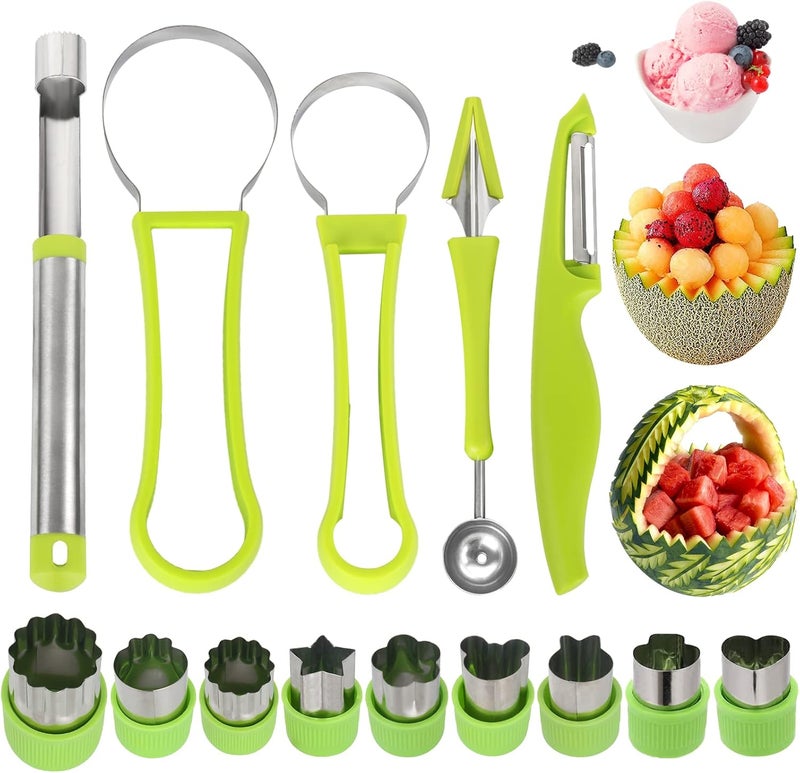Machomby 14 Pack Melon Baller Scoop Set - 4 in 1 Stainless Steel Fruit Tool Set Fruit Scooper Seed Remover with Fruit Vegetable Cutter Shapes Set Fruit Peeler for Fruit Slicer Dig Pulp Separator - Image 1