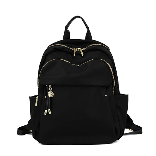 M-ioi-M Medium Backpack Purse for Women, Fashion Nylon Daypack with Gold Hardware, Lightweight Water-Resistant Rucksack for College, Work, Travel, Everyday Use, Fits 13–14" Laptop (Black, Medium) - Image 1