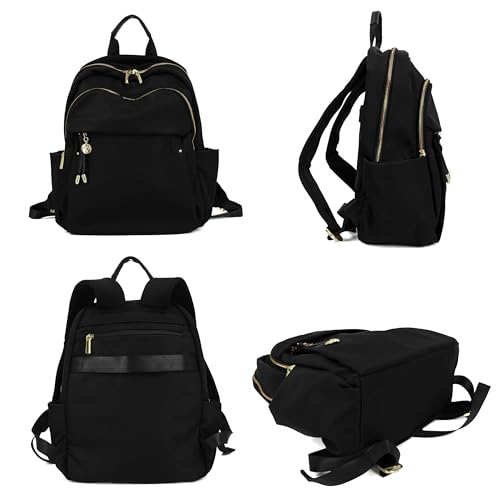 M-ioi-M Medium Backpack Purse for Women, Fashion Nylon Daypack with Gold Hardware, Lightweight Water-Resistant Rucksack for College, Work, Travel, Everyday Use, Fits 13–14" Laptop (Black, Medium) - Image 3