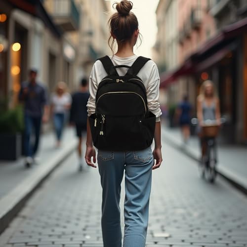M-ioi-M Medium Backpack Purse for Women, Fashion Nylon Daypack with Gold Hardware, Lightweight Water-Resistant Rucksack for College, Work, Travel, Everyday Use, Fits 13–14" Laptop (Black, Medium) - Image 2