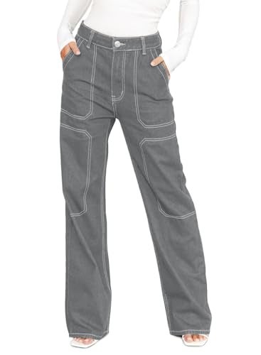 Dokotoo Womens Casual High Waisted Cargo Jeans for Women Wide Leg Boyfriend Denim Pants Gray Size 8 - Image 1