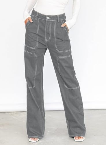 Dokotoo Womens Casual High Waisted Cargo Jeans for Women Wide Leg Boyfriend Denim Pants Gray Size 8 - Image 2