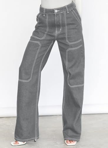 Dokotoo Womens Casual High Waisted Cargo Jeans for Women Wide Leg Boyfriend Denim Pants Gray Size 8 - Image 3