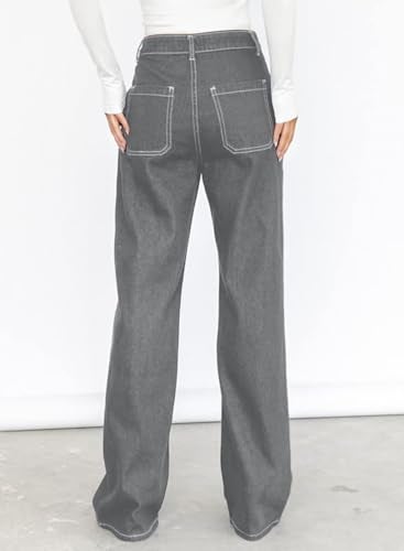 Dokotoo Womens Casual High Waisted Cargo Jeans for Women Wide Leg Boyfriend Denim Pants Gray Size 8 - Image 4