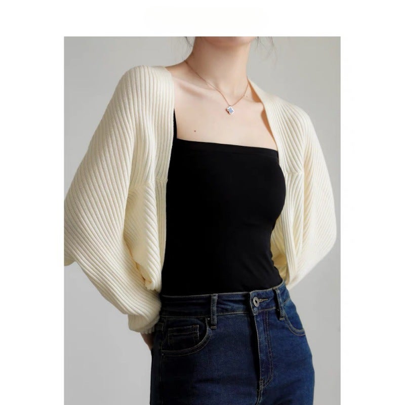 Fall French Knitted Open Cardigan Womens Shoulder Wrap Small Cannon Strap Outerwear Loose Cover Thin Outer Jacket Top Khakis  - Image 3