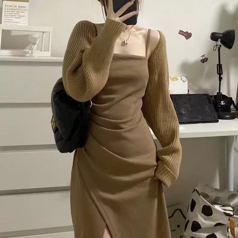 Fall French Knitted Open Cardigan Womens Shoulder Wrap Small Cannon Strap Outerwear Loose Cover Thin Outer Jacket Top Khakis  - Image 1