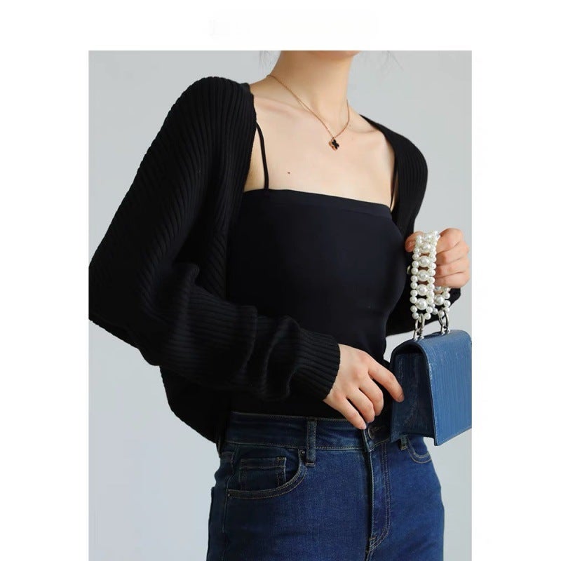 Fall French Knitted Open Cardigan Womens Shoulder Wrap Small Cannon Strap Outerwear Loose Cover Thin Outer Jacket Top Khakis  - Image 2