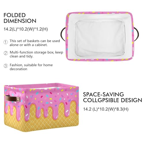 Wamika Ice Cream Drip Baseball Storage Basket with Waterproof Liner and PU Handles Purple Pink Storage Bins Boxes 142 Collapsible Decorative Organizer Baskets for Bedroom Closet Office 1 Pack - Image 3