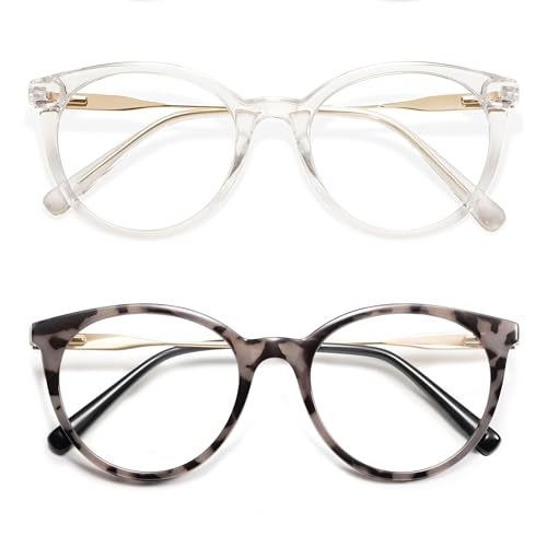 AMOMOMA Retro Round Reading Glasses for Women Cute Stylish Blue Light Blocking Readers AM6055, Clear/Gold&Grey Tortoise/Gold 1.50x - Image 1