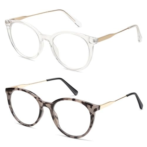 AMOMOMA Retro Round Reading Glasses for Women Cute Stylish Blue Light Blocking Readers AM6055, Clear/Gold&Grey Tortoise/Gold 1.50x - Image 3