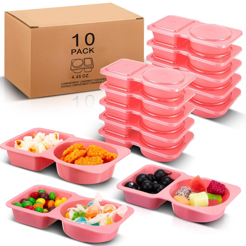 Blushtier 10 Pcs Pack Snack Containers with Lids, 5 oz Double Compartment Plastic Food Containers, Portable Divided Snack Cups for School, Office, Meal Prep, Sauces, Dips, On-the-go Camping (Pink) - Image 1
