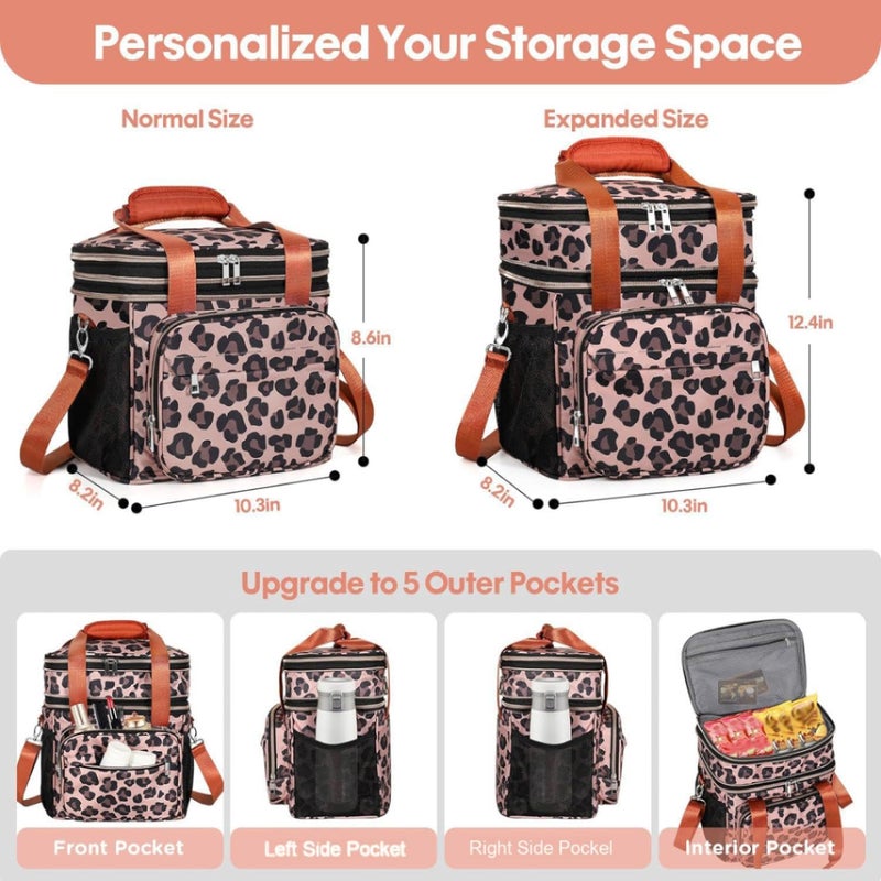 GLENKEY Expandable Insulated Lunch Box, Double Deck Lightweight Large Lunch Bag Tote Leakproof Cooler Bags for Women Adults Work Outdoor Picnic Daytrip, Leopard, 16L - Image 3
