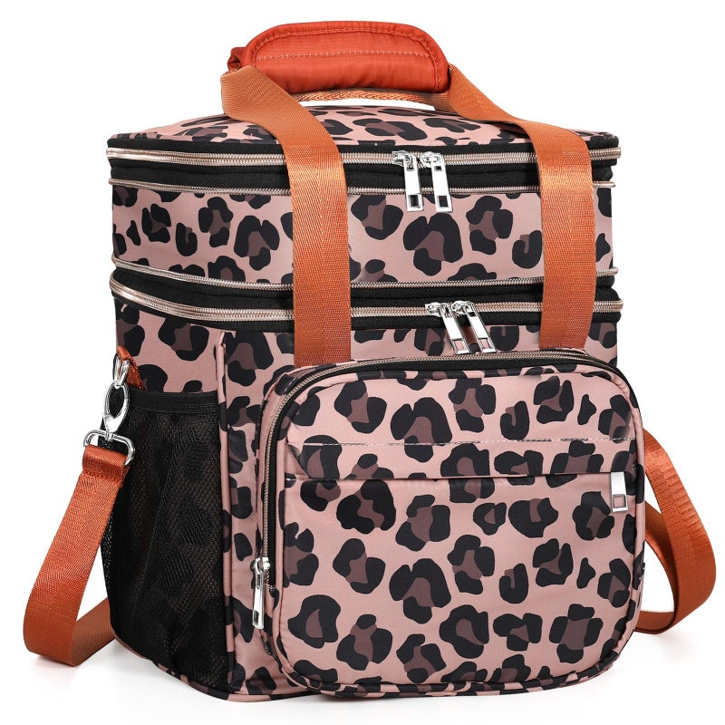 GLENKEY Expandable Insulated Lunch Box, Double Deck Lightweight Large Lunch Bag Tote Leakproof Cooler Bags for Women Adults Work Outdoor Picnic Daytrip, Leopard, 16L - Image 1