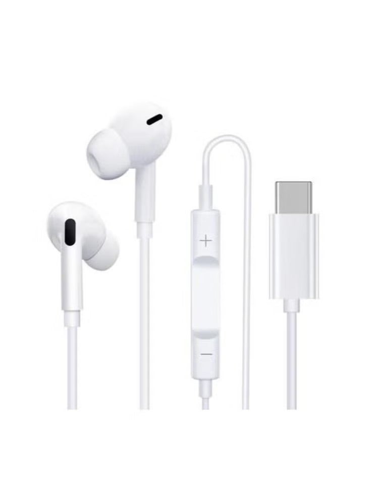 "Type-C In-Ear Earphones with Built-In Microphone – White, High-Fidelity Stereo Sound, Noise-Isolating, Tangle-Free Cable, Ergonomic Fit – Compatible with Samsung, Huawei, Vivo & Android Smartphones"