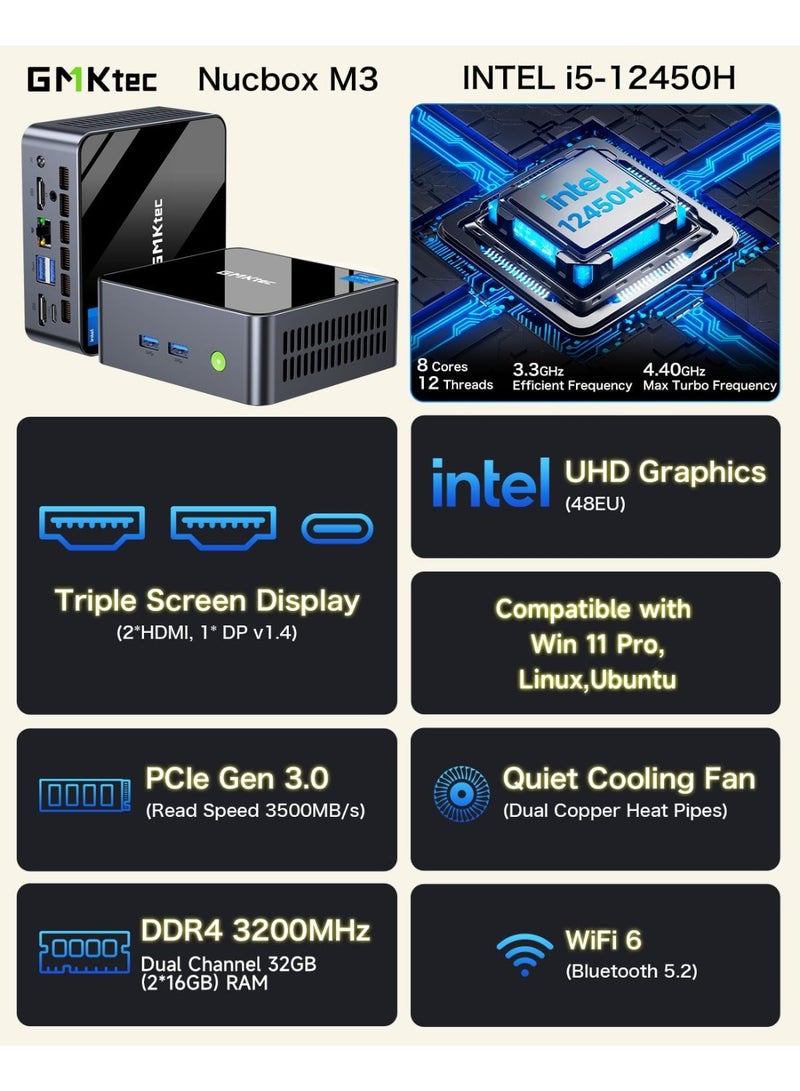 GMKtec Ultracompact Mini PC Desktop NucBox M3 with Intel Core i5-12450H Processor (Turbo Up to 4.4GHz) 32GB DDR4 RAM 1TB M.2 NVMe SSD Windows 11 Pro USB 3.2 Type-C Wi-Fi 6 Bluetooth 5.2 2.5G LAN 4K Triple Display Compact Computer NucBox M3 - Image 2
