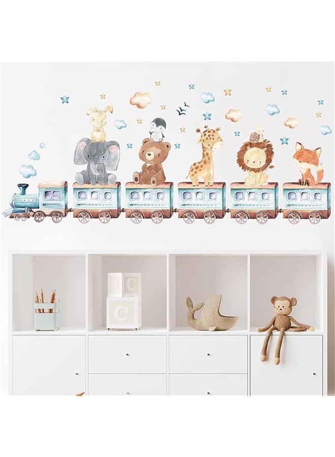 Wall Stickers for Baby Room Cartoon Animal Train Theme Decals Fox Lion Elephant Giraffe Wallpaper Wall Decals for Kids Room Boys Girls Bedroom, Nursery Room Kindergarten Decoration PVC Murals - Image 4