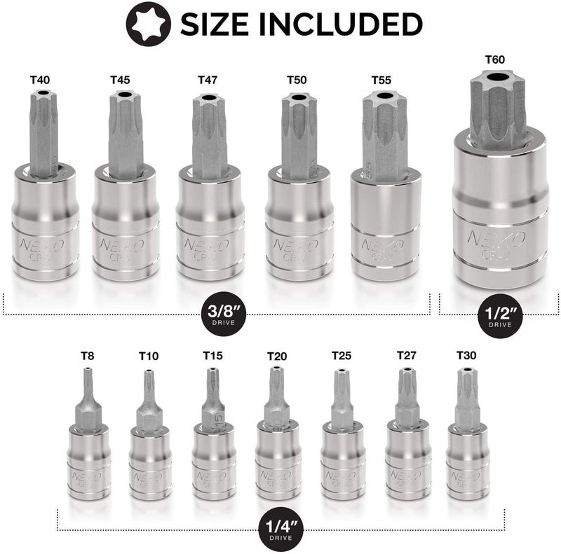 Neiko NEIKO 10073A Tamper Proof Torx Bit Socket Set |13-Piece | S2 Steel Bits & Cr-V Steel Sockets | TT8 – TT60  - Image 2