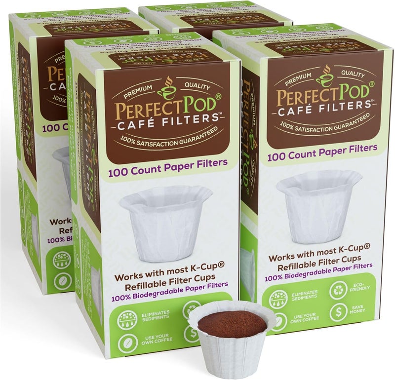 Perfect Pod Cafe Filters Paper Liners for Reusable K Cup Coffee Pods by - Fits All Brands, Compatible With All Refillable Capsules - Disposable Paper Filters (400-Ct) - Image 1
