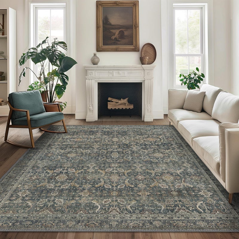BESBLEE 6X9 Area Rugs Machine Washable Rugs for Living Room Vintage Boho Large Rugs for Bedroom Dining Room Non Slip Indoor Soft Distressed Lightweight Thin Low Pile Carpet Deep