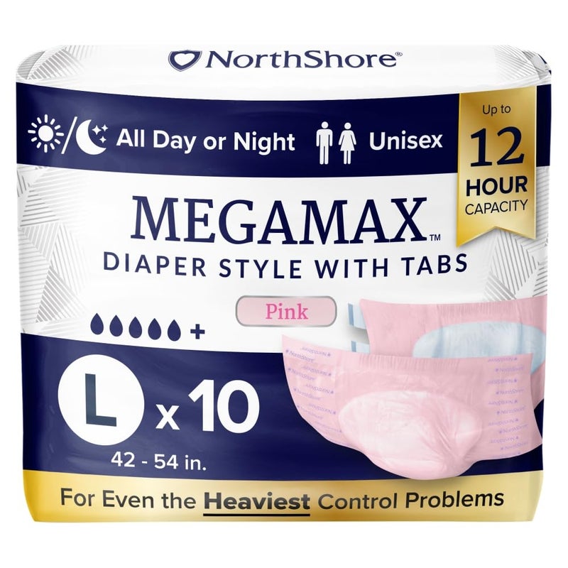 NorthShore MegaMax Adult Overnight Diapers 12Hour TabStyle Large 10 Count Bag Pink 4254 inches Unisex Incontinence Underwear