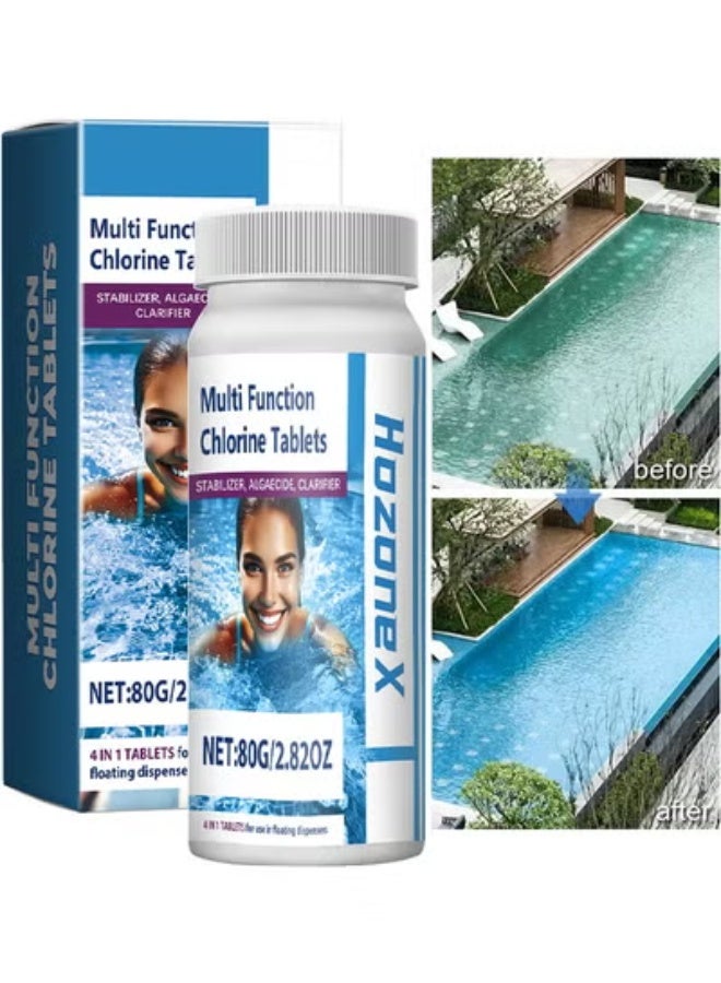 HOZONEX Multifunction Chlorine Tablets, Swimming Pool Effervescent Tablet And Applicator, Eliminates Bacteria And Algae, Makes Water Clean And Crystal Clear, Sanitizes And Protects, For Swimming Pool Disinfection (1 Bottle Tablet, 80G) - Image 1