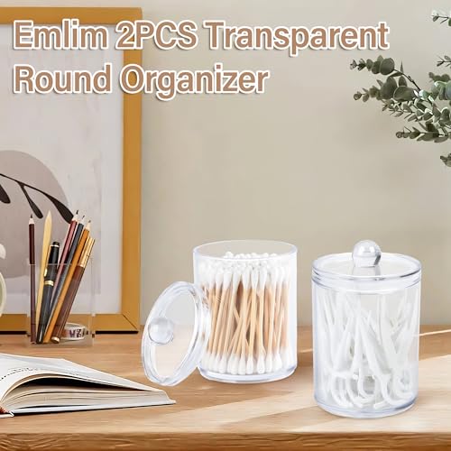 Emlim 2 Pack Holder Dispenser with Lid Clear Plastic Bathroom Vanity Canisters Jars Cotton Balls Pads Swabs Holder Jar For Bathroom Organization Office Dresser Organizer - Image 3