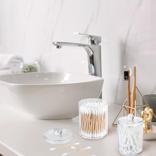 Emlim 2 Pack Holder Dispenser with Lid Clear Plastic Bathroom Vanity Canisters Jars Cotton Balls Pads Swabs Holder Jar For Bathroom Organization Office Dresser Organizer - Image 4