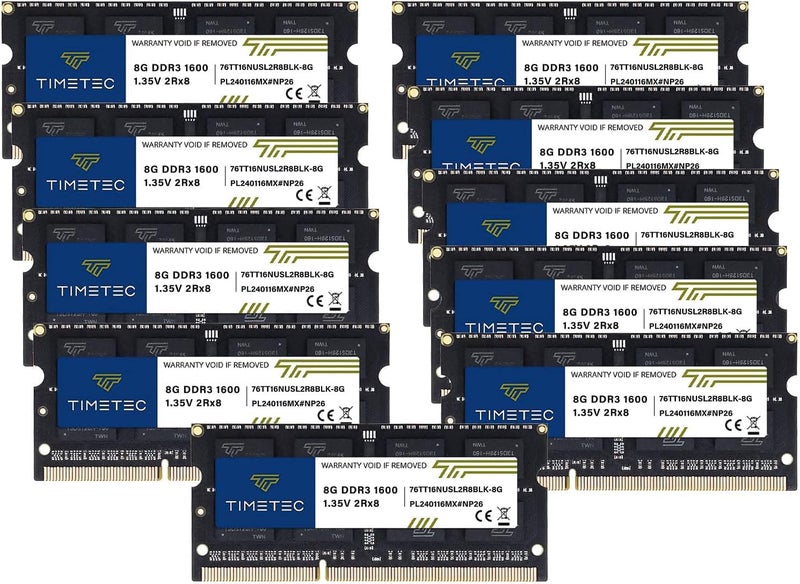 تايم تيك تيمتيك 80 جيجابايت كيت (10x8 جيجابايت) DDR3L / DDR3 1600 ميجاهرتز (DDR3L-1600) PC3L-12800 / PC3-12800 غير ECC غير مخزّن 1.35 فولت/1.5 فولت CL11 2Rx8 204 سن SODIMM ترقية وحدة ذاكرة وصول عشوائي للكمبيوتر المحمول والمكتبي لوحة PCB سوداء - Image 1