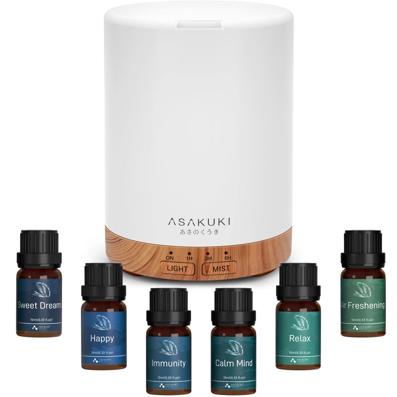 ASAKUKI Essential Oil Diffuser, Aromatherapy Cool Mist Home Humidifier with 7 LED Color Changing Light and Auto-Off Safety Switch, 6 Essential Oils Set, 300ml (Brown with Oils) - Image 1