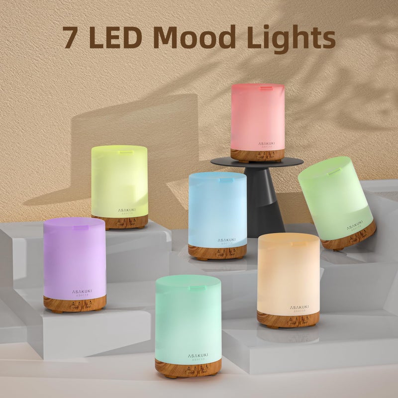 ASAKUKI Essential Oil Diffuser, Aromatherapy Cool Mist Home Humidifier with 7 LED Color Changing Light and Auto-Off Safety Switch, 6 Essential Oils Set, 300ml (Brown with Oils) - Image 3