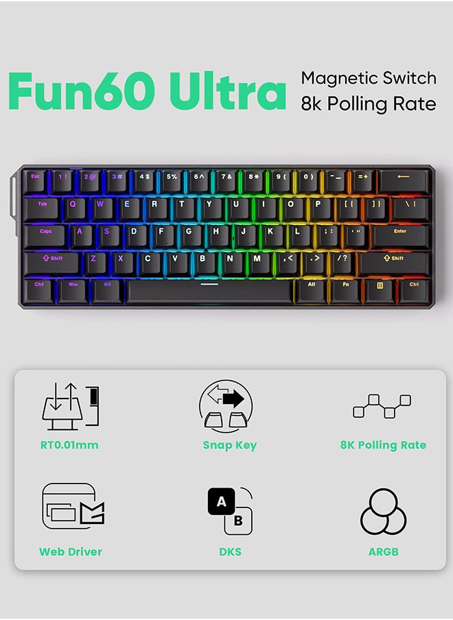 Akko MonsGeek FUN60 Ultra Mechanical Gaming Keyboard Magnetic Switch 60% Rapid Trigger Tri-mode Dual 8K TMR Custom Aluminum Keyboard Gamer PBT positive engraving Glare Magnetic Switch, Black