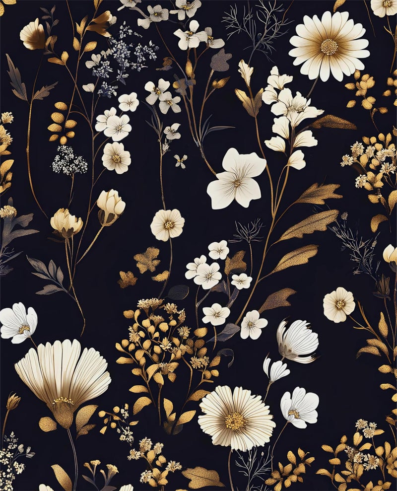Laatse Dark Floral Peel and Stick Wallpaper Vintage Flower Contact Paper Vinyl Waterproof Self Adhesive Removable Retro Decor Black gold Botanical Wall Paper for Bedroom Walls Bookcase Drawers 17.5" x 118" - Image 1