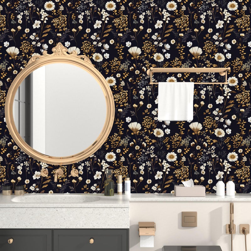 Laatse Dark Floral Peel and Stick Wallpaper Vintage Flower Contact Paper Vinyl Waterproof Self Adhesive Removable Retro Decor Black gold Botanical Wall Paper for Bedroom Walls Bookcase Drawers 17.5" x 118" - Image 4