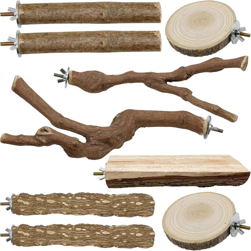 Allazone Set of 9 Natural Wood Bird Perches, Natural Perches Set for Birds, Bird Made of Natural Wood, Perches for Bird Cages, Bird Toy, Bird Parrot Swing Toy - Image 1