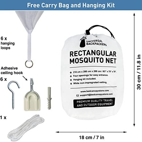 Universal Backpackers Mosquito Net for Single to King-Sized Beds – 4 Side Openings & 6 Hanging Loops – Decorative Rectangular Shape for Home & Travel – Bed Canopy Hanging Kit & Carrying Bag Included - Image 5
