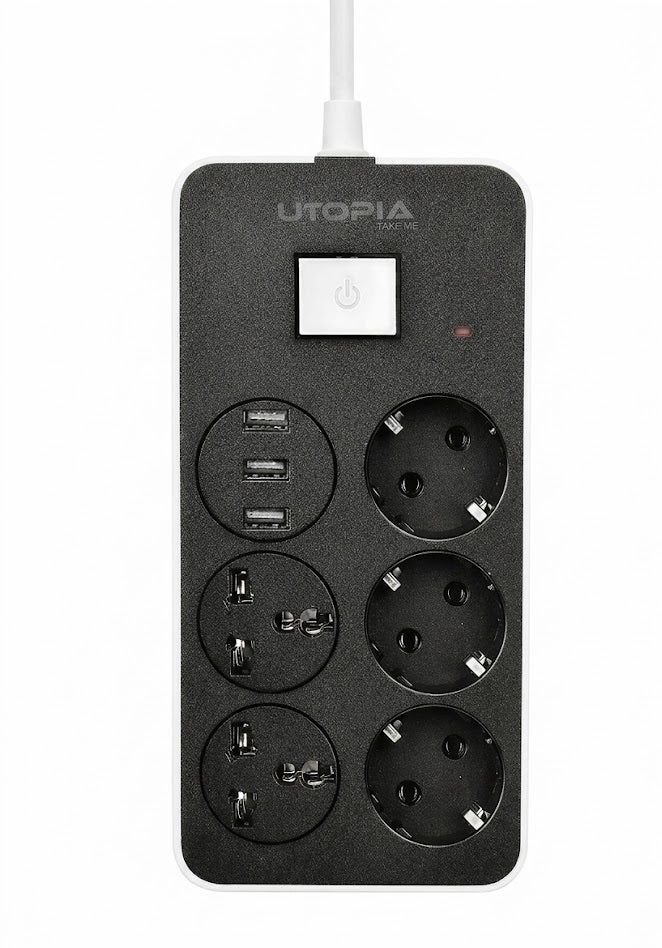 Utopia Smart power strip with 5 outlets and 3 USB charging ports (2.4A) - Durable 2-meter cord, handles up to 2500W, fire-resistant housing, and smart device protection - Model U-160 - Image 3