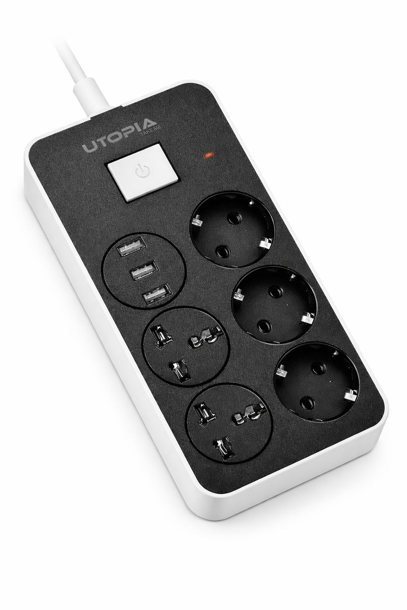 Utopia Smart power strip with 5 outlets and 3 USB charging ports (2.4A) - Durable 2-meter cord, handles up to 2500W, fire-resistant housing, and smart device protection - Model U-160 - Image 2