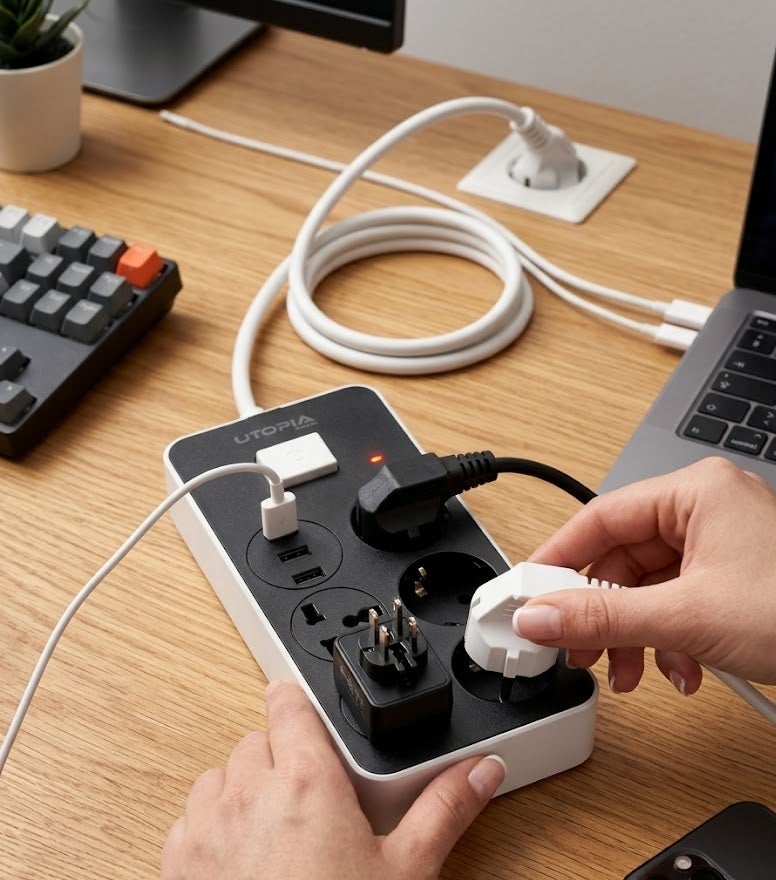 Utopia Smart power strip with 5 outlets and 3 USB charging ports (2.4A) - Durable 2-meter cord, handles up to 2500W, fire-resistant housing, and smart device protection - Model U-160 - Image 4