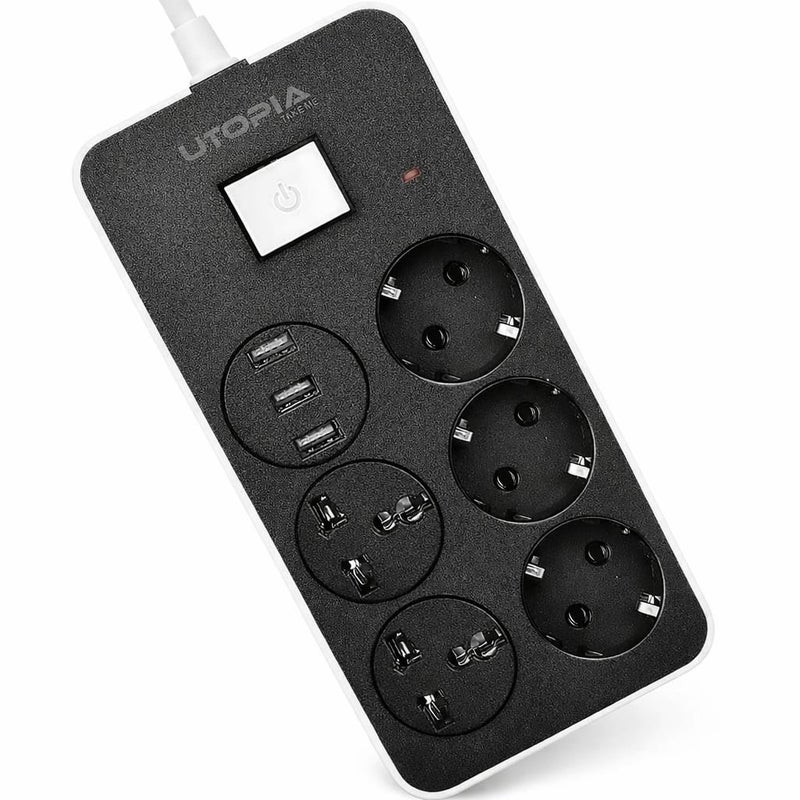 Utopia Smart power strip with 5 outlets and 3 USB charging ports (2.4A) - Durable 2-meter cord, handles up to 2500W, fire-resistant housing, and smart device protection - Model U-160 - Image 1