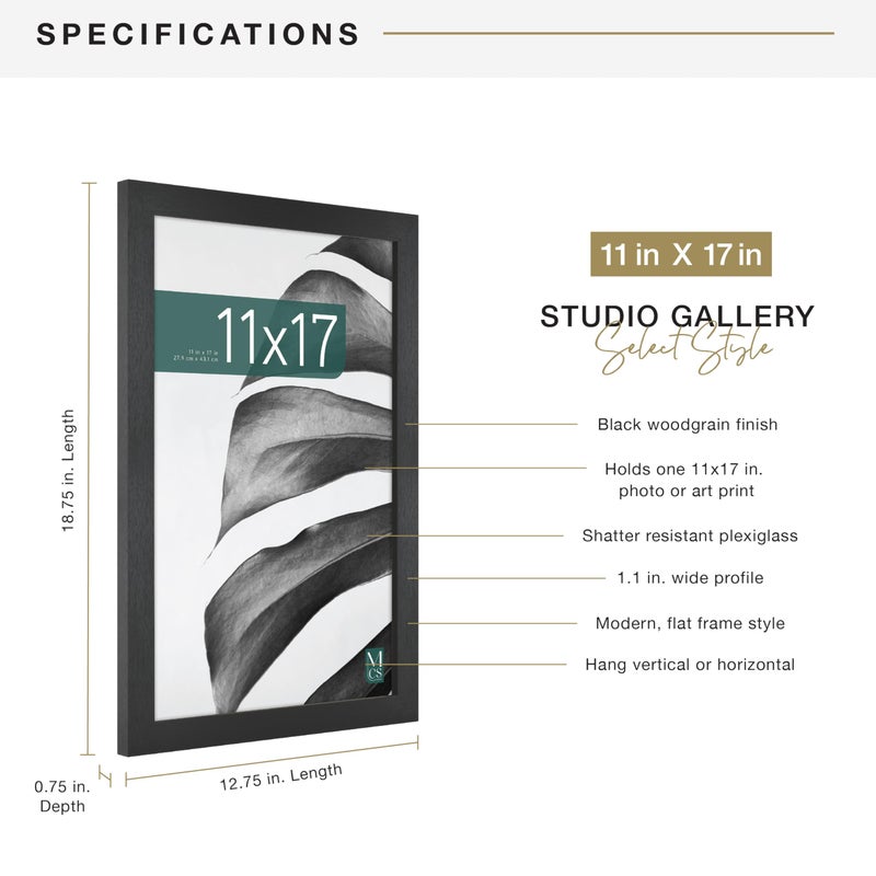 أم سي أس MCS Studio Gallery 11x17 Picture Frame Black Woodgrain Rectangle Photo Frame For Photo Photo Posts & Art Prints (1 pack) - Image 4