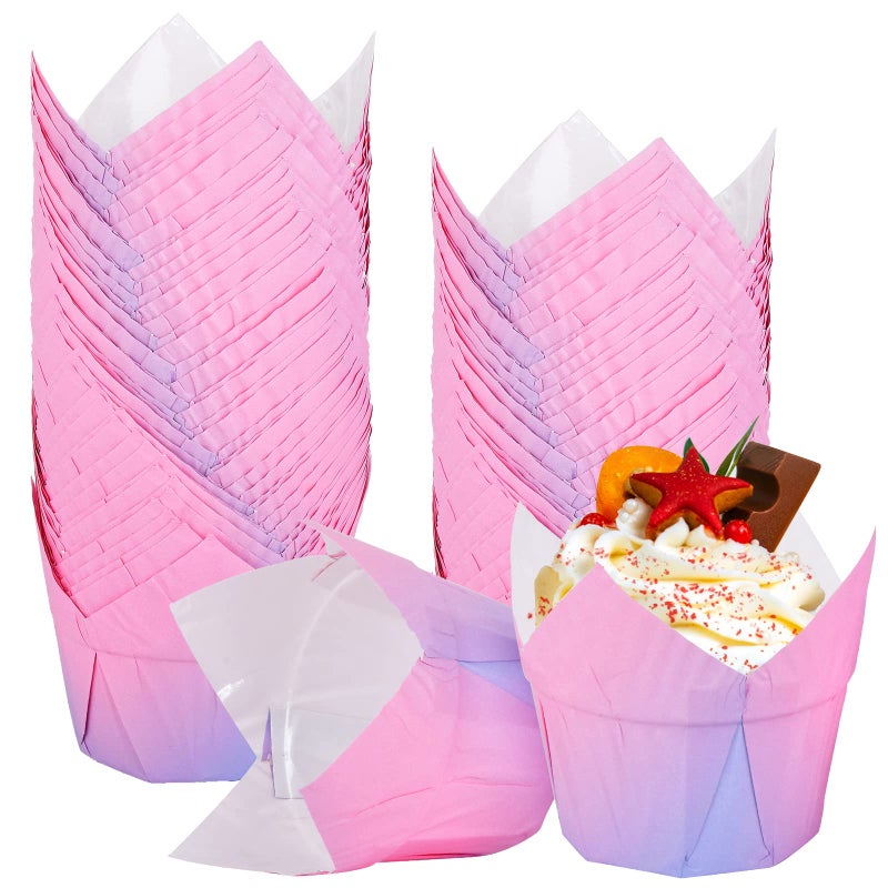100 Pack Tulip Baking Cupcake Liners Food Grade Greaseproof Paper Dessert Cup Festival Gradient Color Muffin Cups Holder 2x2 inches Cake Container Wrapper for Party Wedding Birthday Christmas