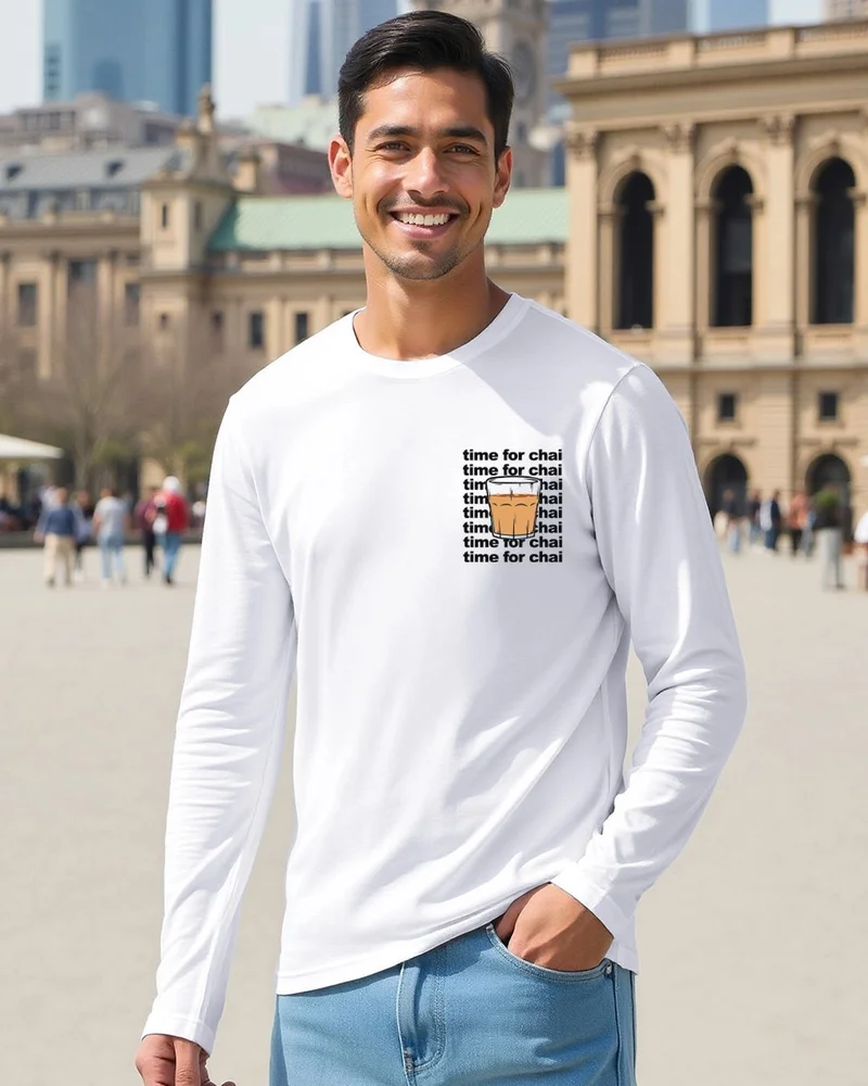 بيواكوف تيشيرت رجالي أبيض بطبعة وقت الشاي