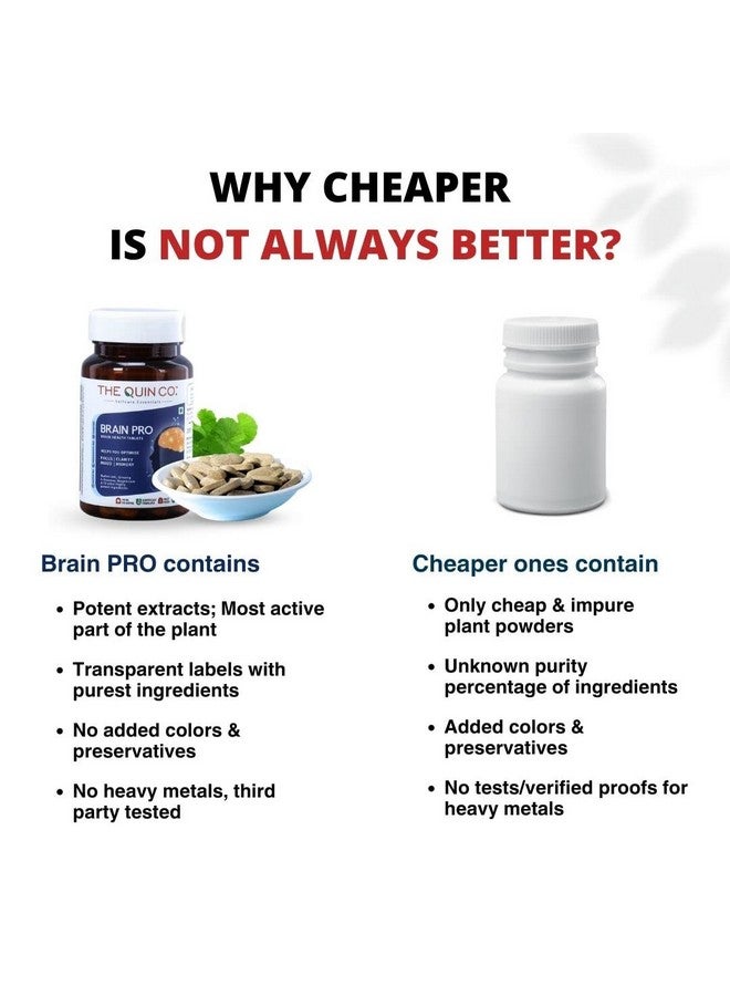The Quin Co. Brain Pro' - Advanced Nootropics For Peak Memory,Focus & Clarity|Brahmi,L-Theanine,Ginkgo Biloba,L-Tryptophan,Phosphatidylserine & 20 Other Ingredient |60 Veg Tablets, 112 grams - Image 3