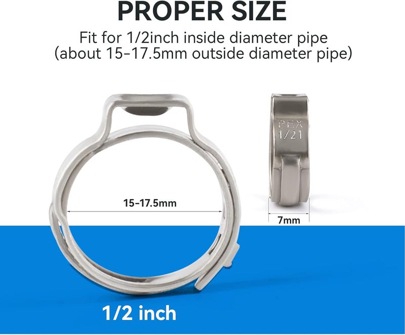 GUOFIS 100 Pack 1/2 Inch Pex Cinch Clamp Rings,Premium 304 Stainless Steel PEX Crimp Ring,Pex Fitting Clamps Pinch Ring for PEX Tubing Pipe Fittings Connection - Image 2